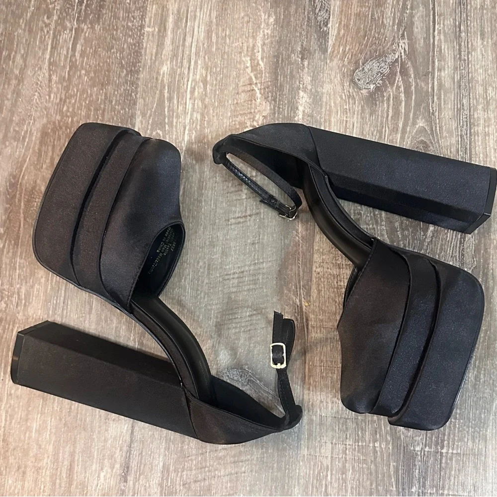 PrettyLittleThing Black Satin Square Toe Double Platform Heeled Sandals